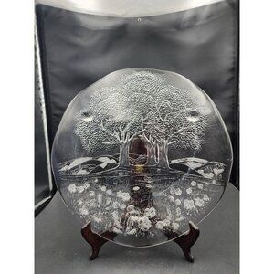 Vintage Studio Nova 13" Footed Glass  Platter Nature Scene Trees Flowers Hills‎